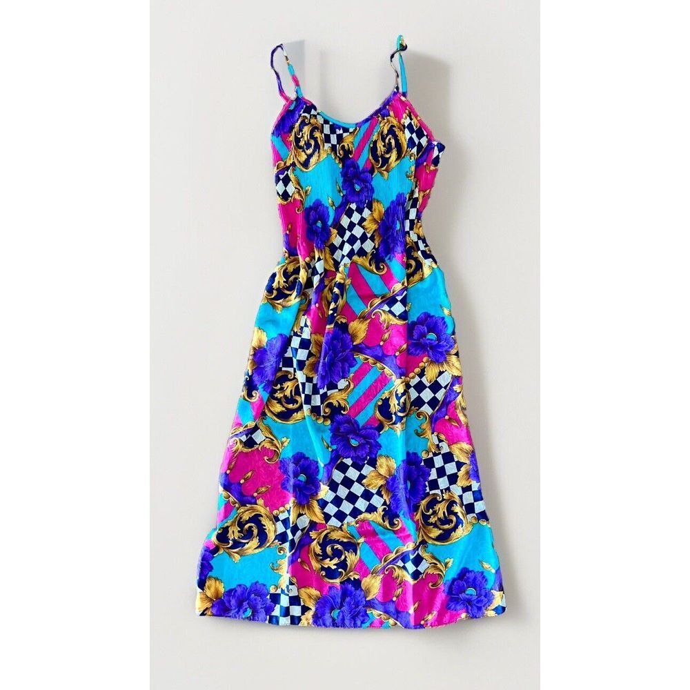 Vintage Georgette Trabolsi Colorful Artsy Print Lingerie Night Gown Slip Dress M